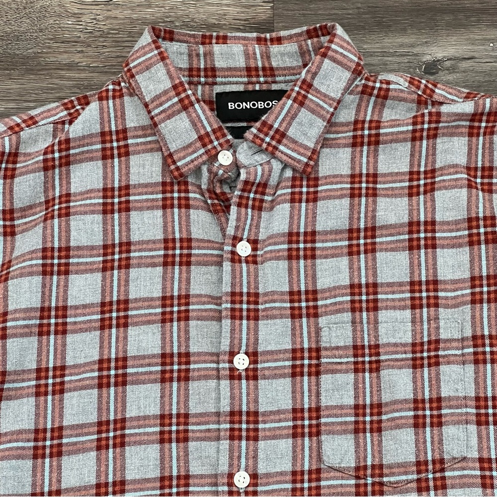 Bonobos Slim Fit Flannel Shirt Mens Large Red Blue Plaid Long Sleeve Cotton‎ L